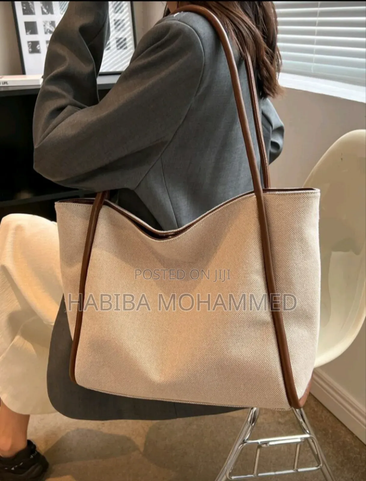 Elegant Beige Tote Bag With Brown Leather Trim – Women’S Shoulder Bag