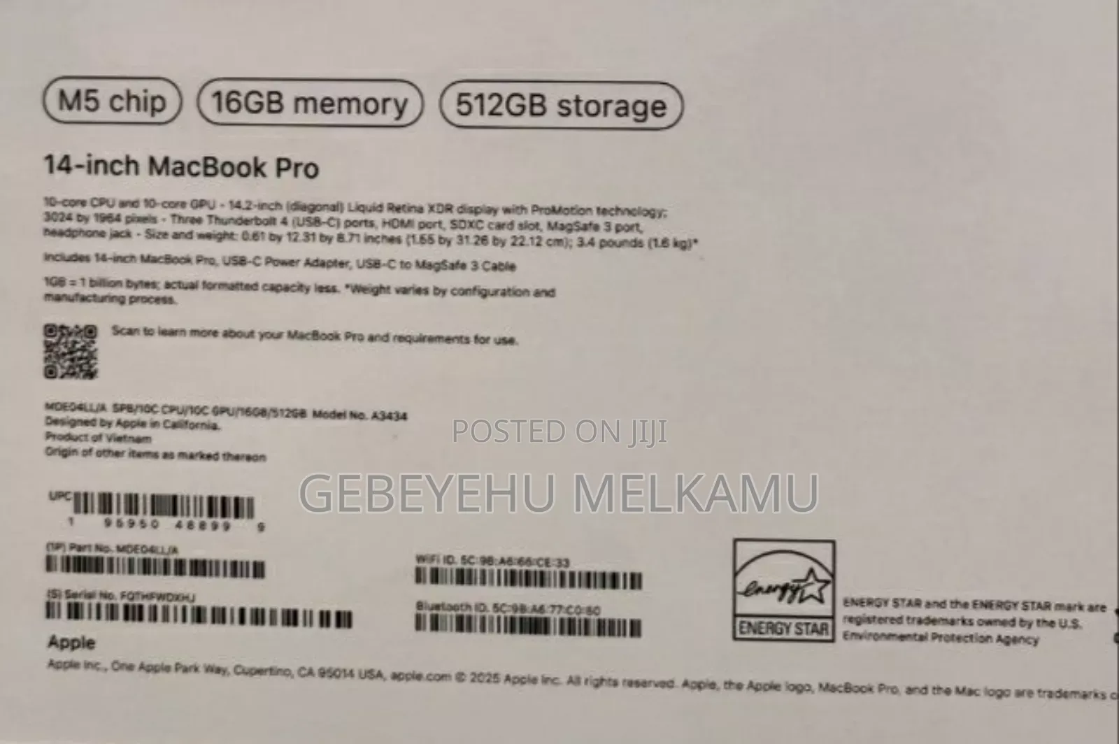 New Laptop Apple MacBook Pro 16GB Apple M5 SSD 512GB