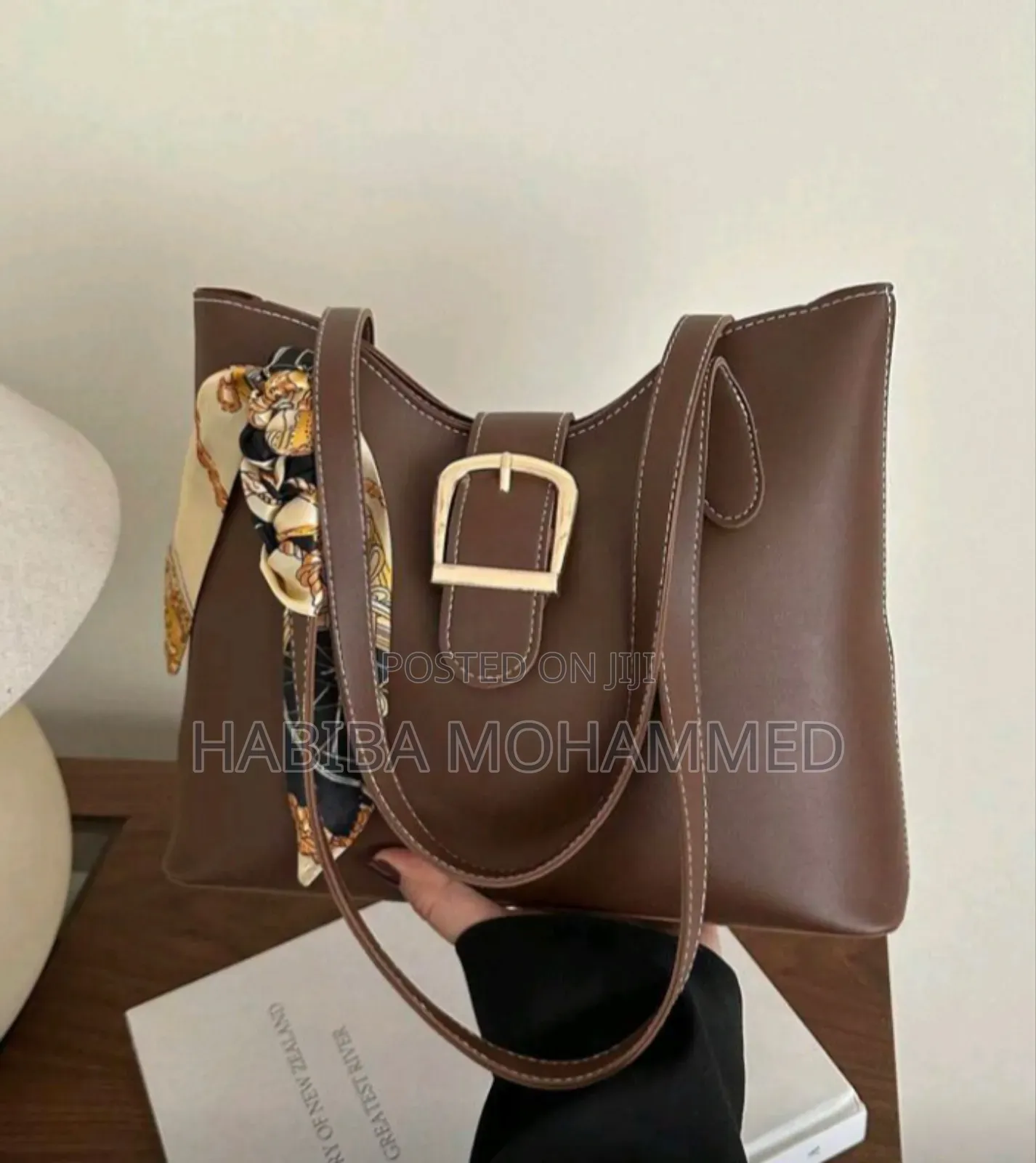 Chocolate Brown Buckle Bag With Silk Scarf Women’S Shoulder Handbag