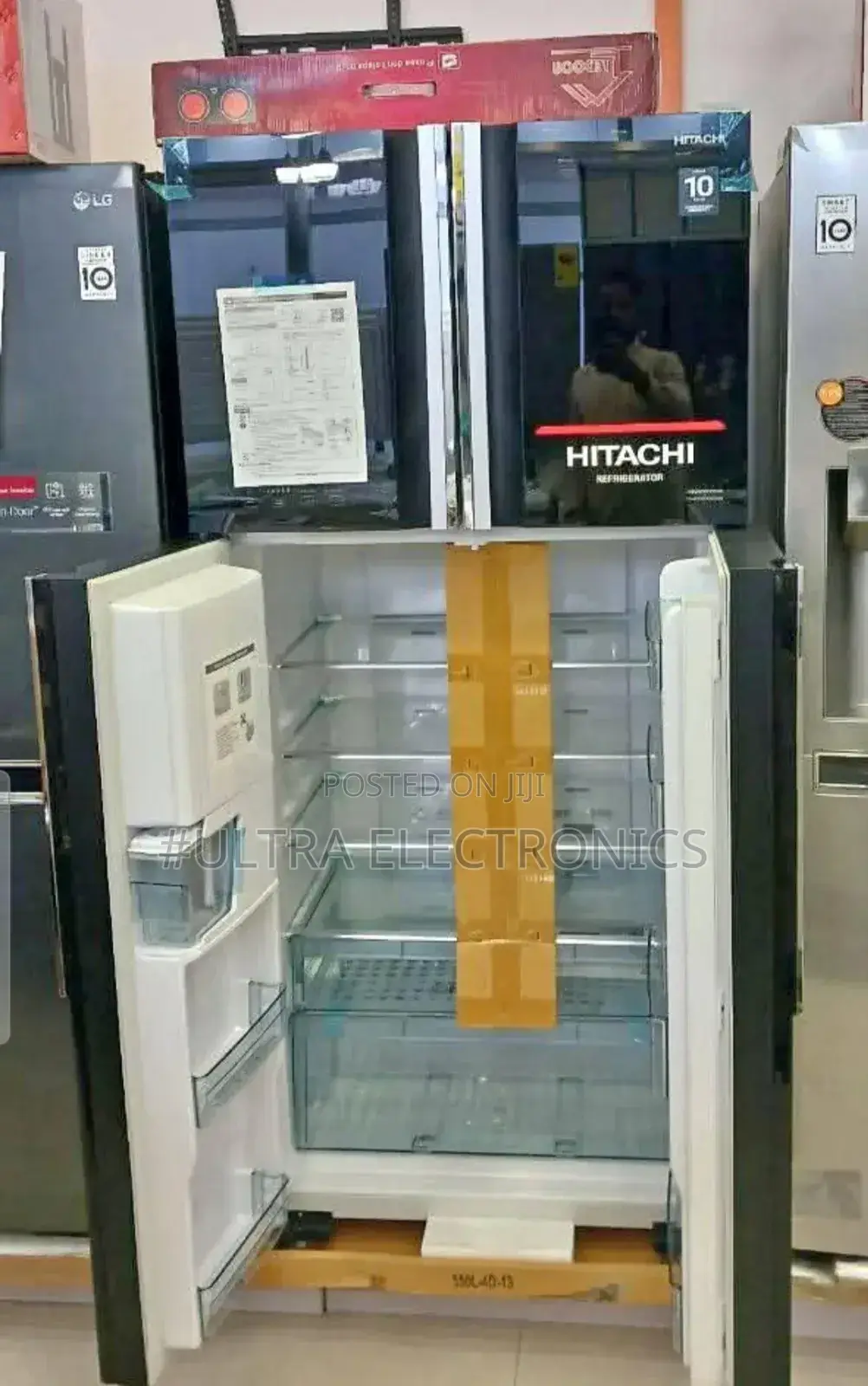 Hitachi 4-Door Side-by-Side Refrigerator. It Features an Inverter