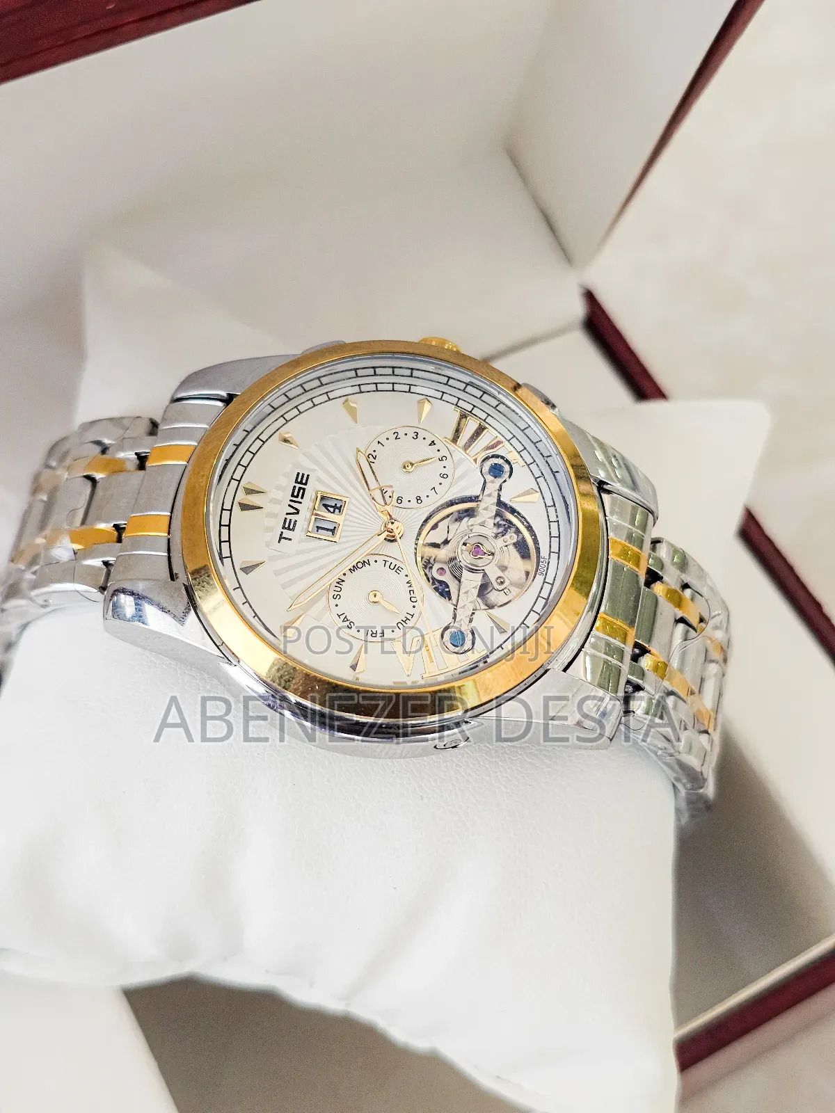 Tevise Automatic Mechanical Skeleton Luxury Watch in a Two-Tone Silver