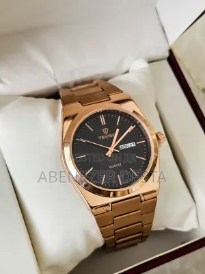 Tevise Quartz Watch With a Black Dial and Rose Gold-Tone Case