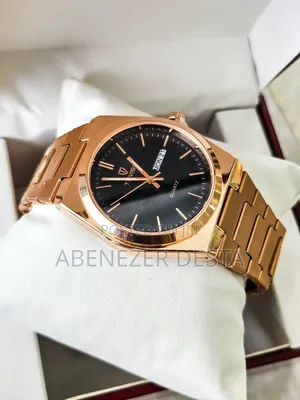 Tevise Quartz Watch With a Black Dial and Rose Gold-Tone Case
