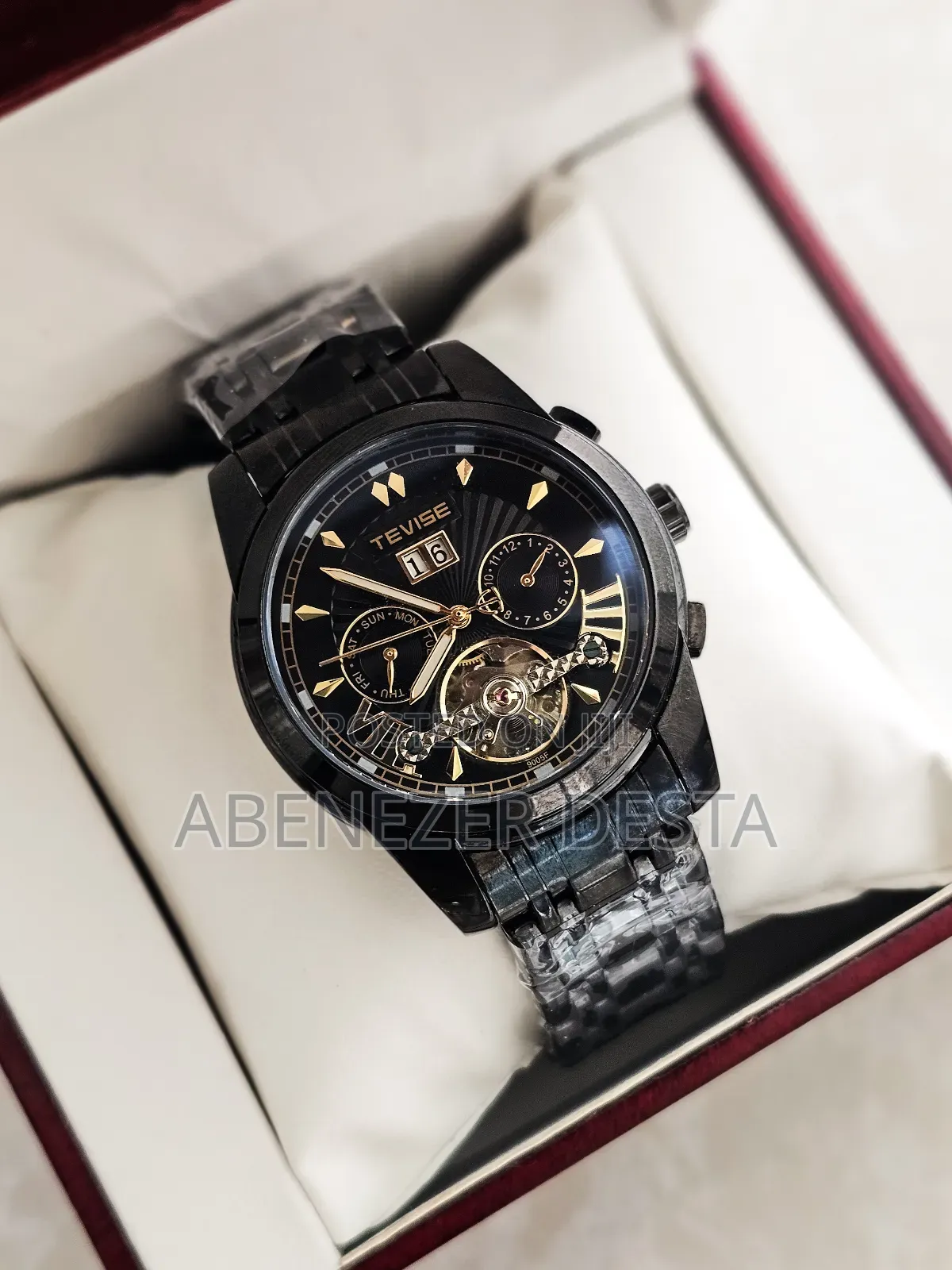 Black Stainless Steel Tevise Automatic Mechanical Men's Watch Featurin