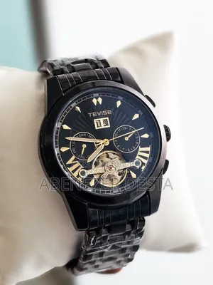Black Stainless Steel Tevise Automatic Mechanical Men's Watch Featurin