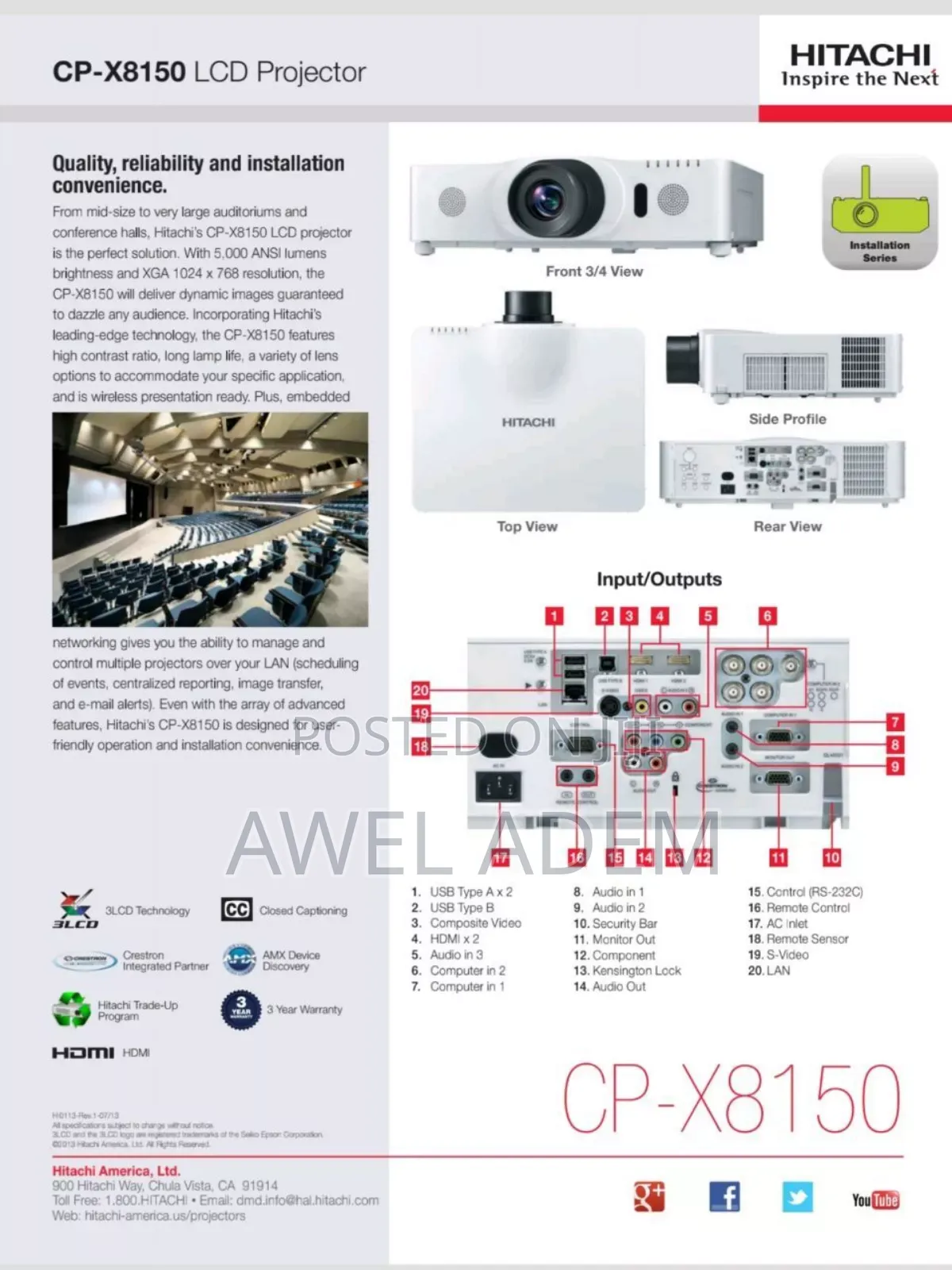 Hitachi 3lcd Professional Cinema Projector 6,000 Lumens