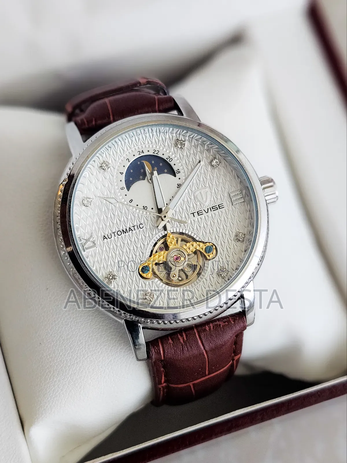 Tevise Automatic Mechanical Watch With Moon Phase Indicator Leather