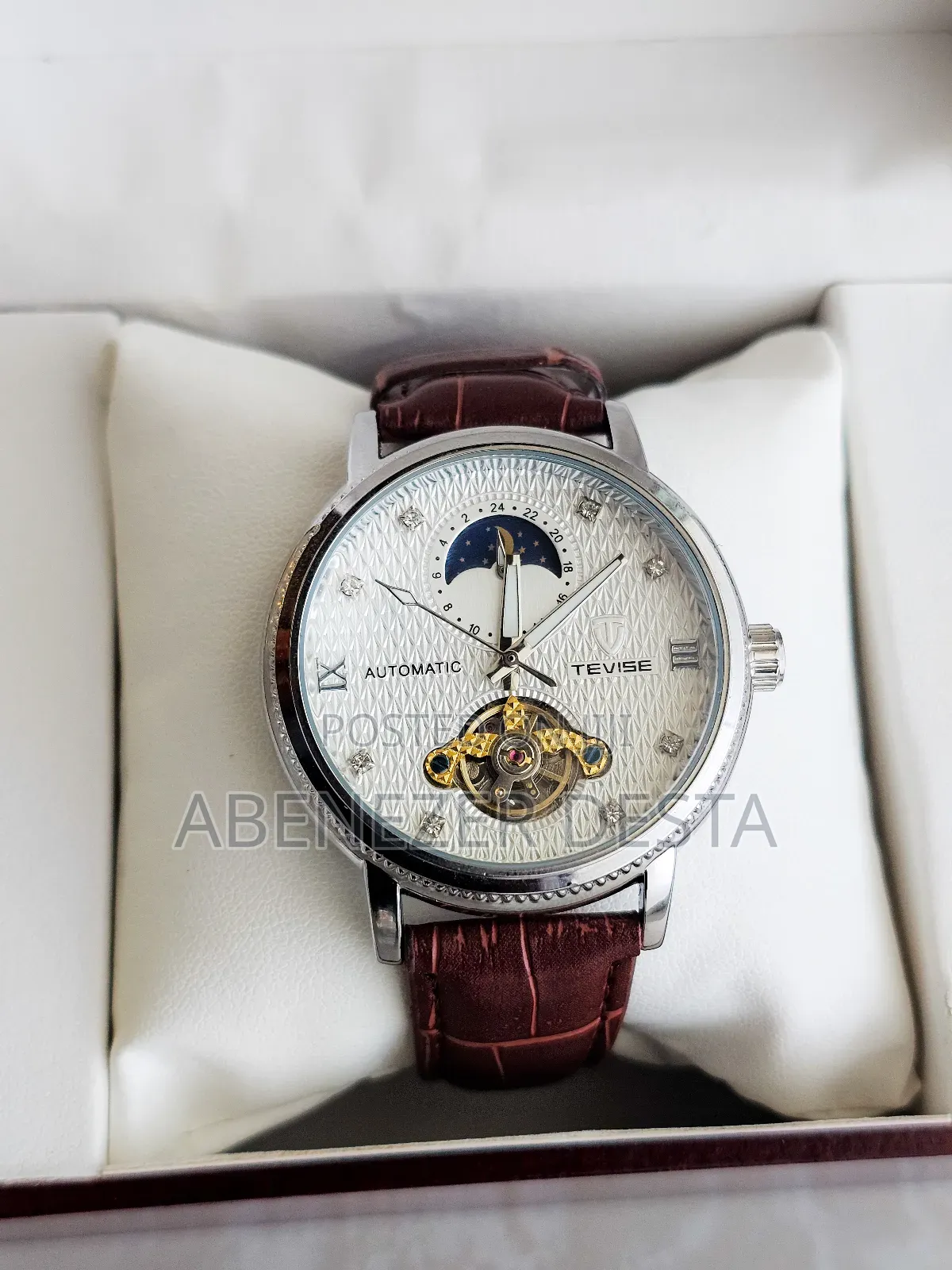 Tevise Automatic Mechanical Watch With Moon Phase Indicator Leather