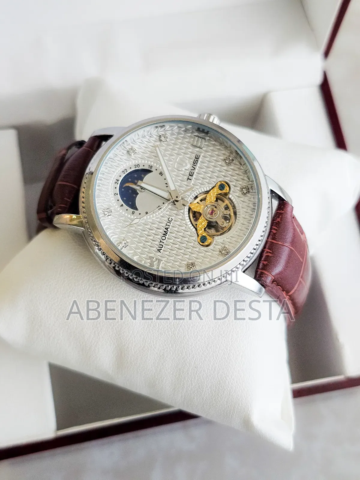 Tevise Automatic Mechanical Watch With Moon Phase Indicator Leather