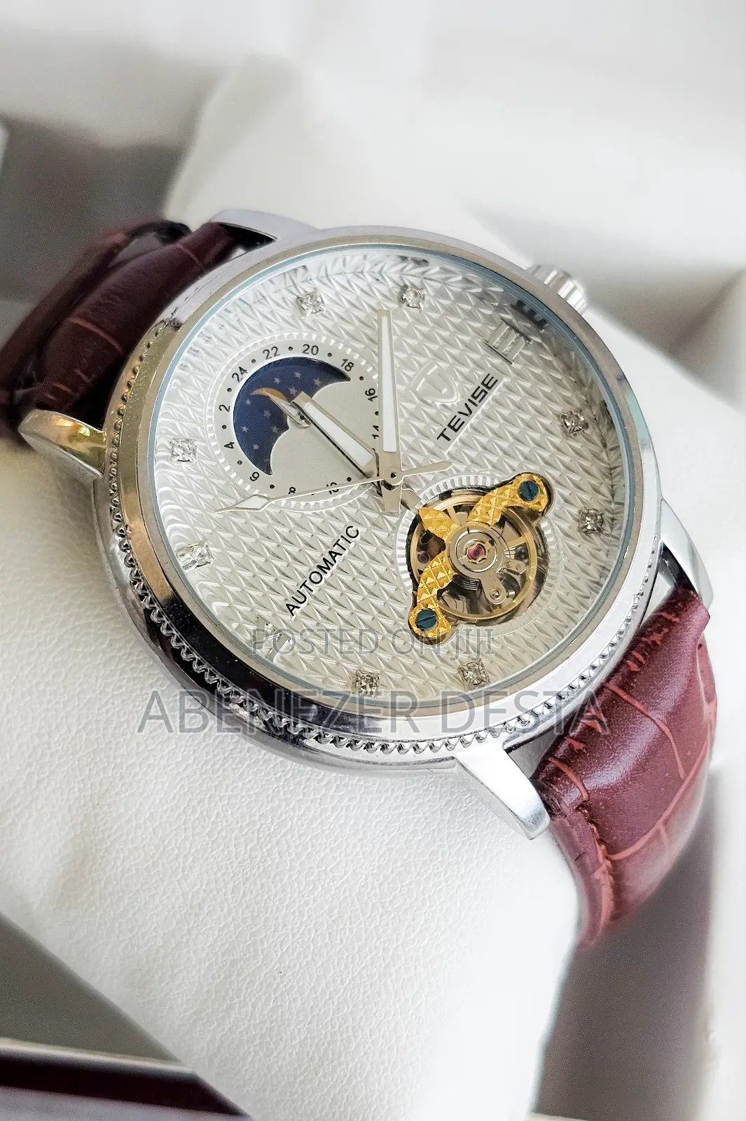 Tevise Automatic Mechanical Watch With Moon Phase Indicator Leather