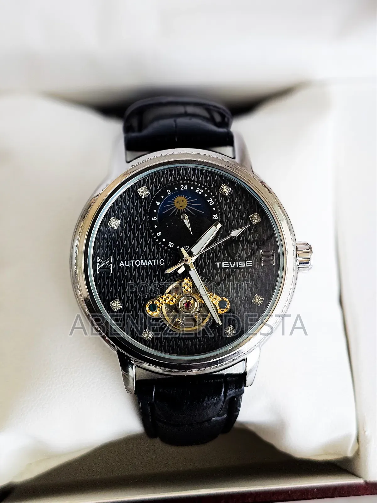 Black Tevise Automatic Mechanical Watch With a Black Leather Band