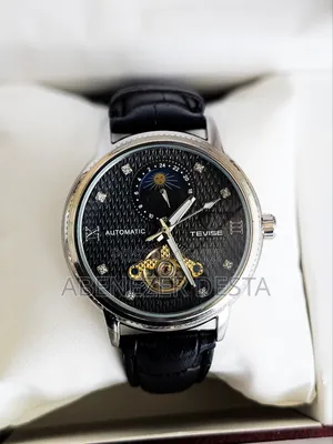 Black Tevise Automatic Mechanical Watch With a Black Leather Band