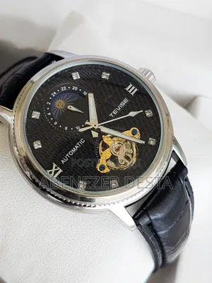 Black Tevise Automatic Mechanical Watch With a Black Leather Band