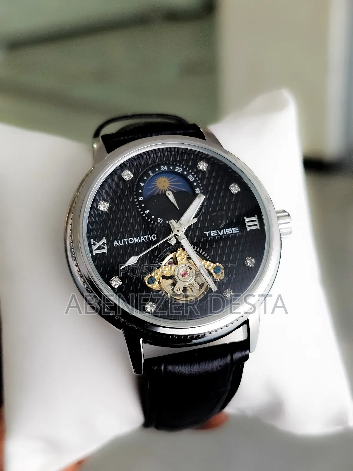 Black Tevise Automatic Mechanical Watch With a Black Leather Band