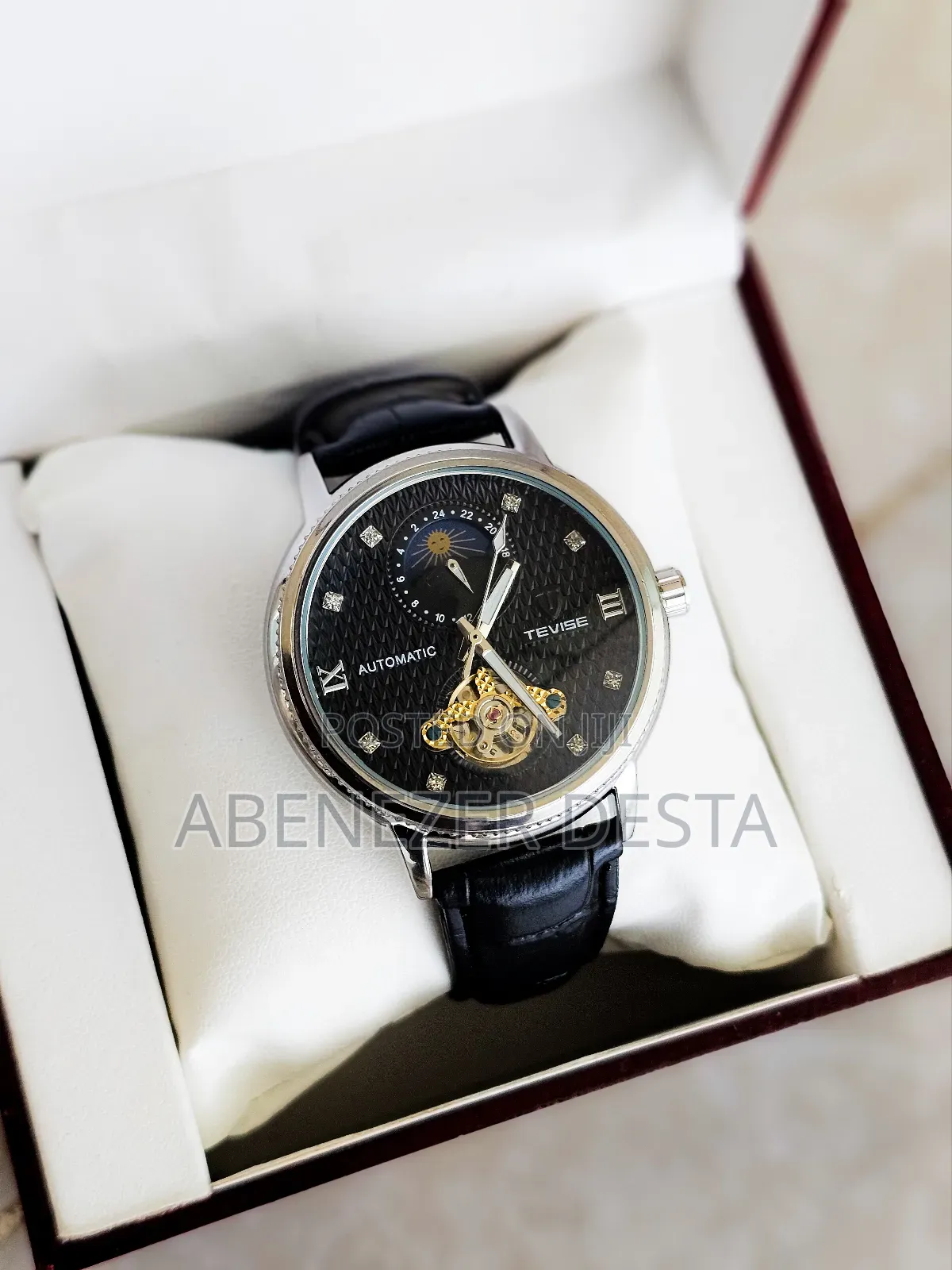 Black Tevise Automatic Mechanical Watch With a Black Leather Band