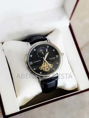 Black Tevise Automatic Mechanical Watch With a Black Leather Band