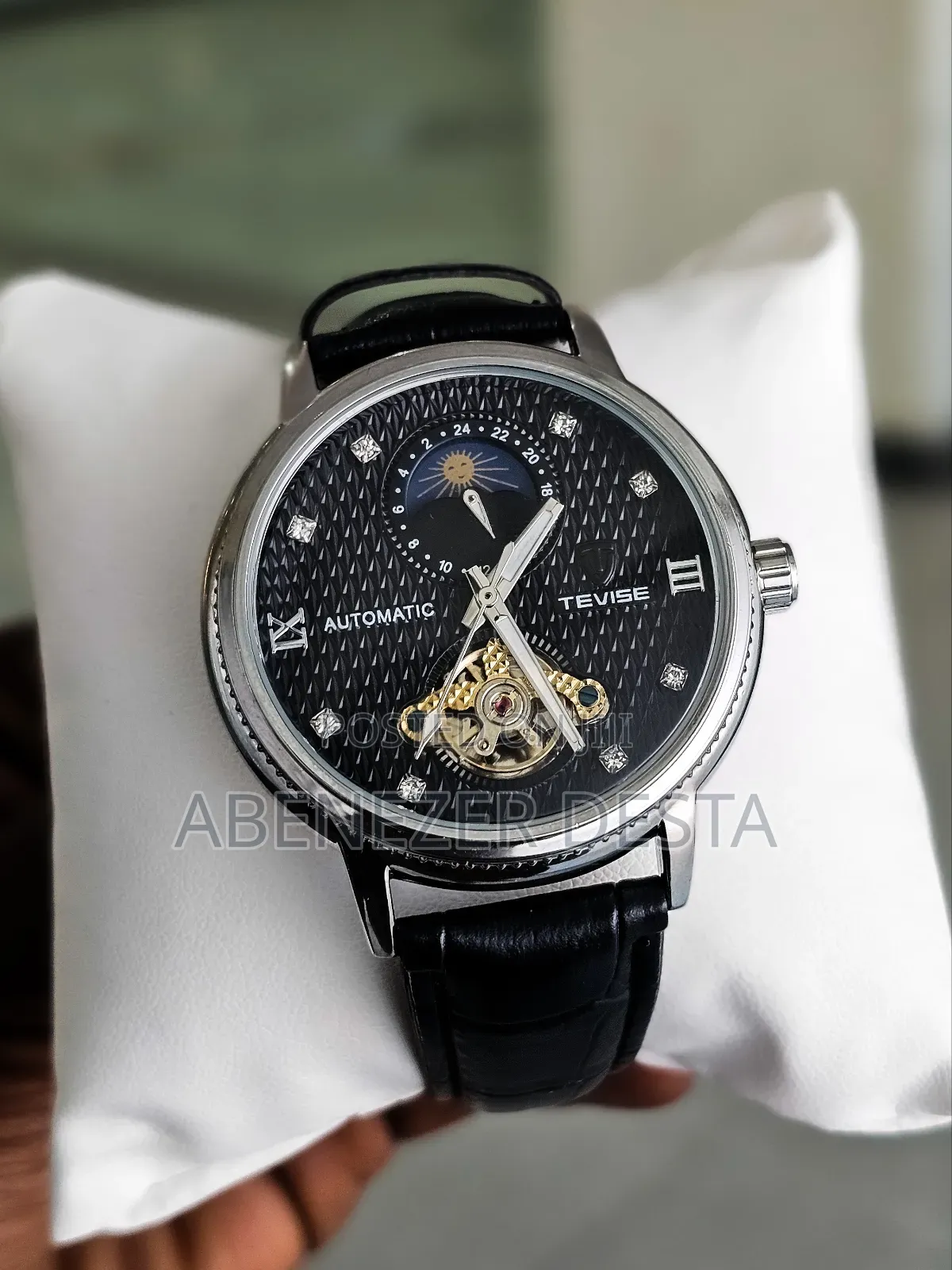 Black Tevise Automatic Mechanical Watch With a Black Leather Band