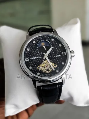 Black Tevise Automatic Mechanical Watch With a Black Leather Band