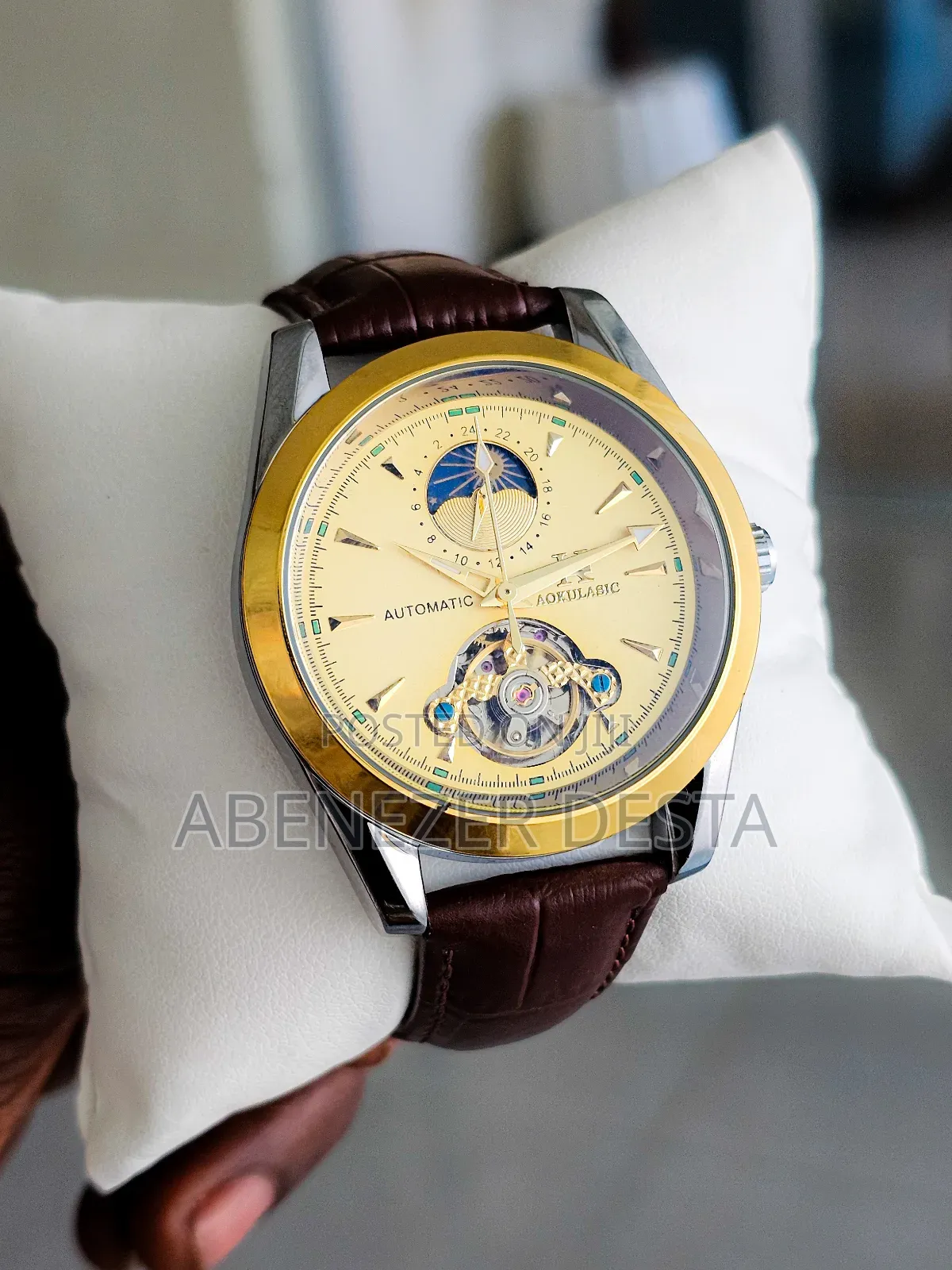 Aokulasic Men's Automatic Mechanical Watch With a Leather Band