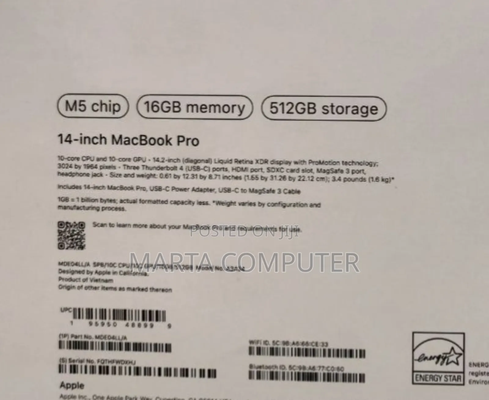 New Laptop Apple Macbook Pro 2025 M5 14-Inch 16GB Apple M5 SSD 512GB