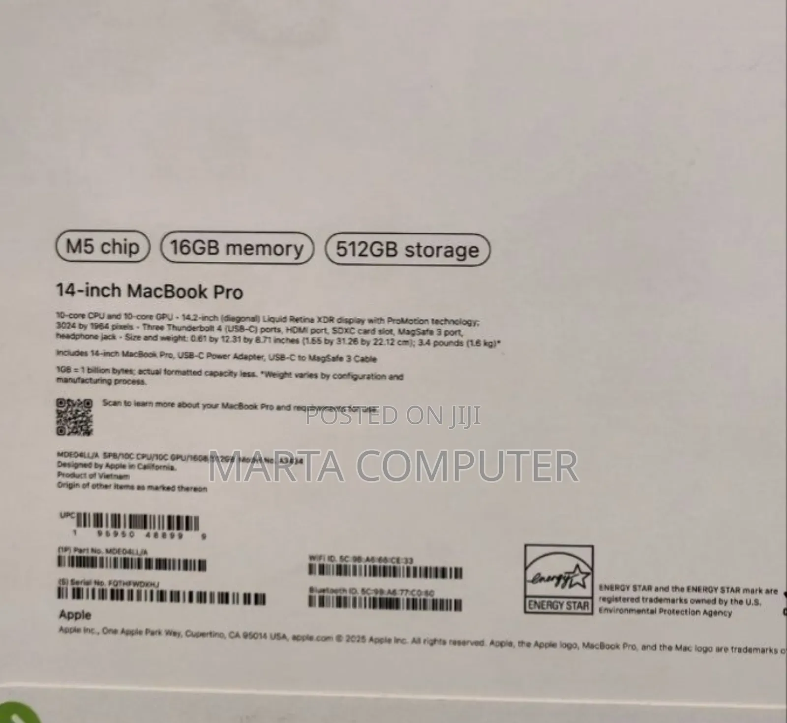 New Laptop Apple Macbook Pro 2025 M5 14-Inch 16GB Apple M5 SSD 512GB