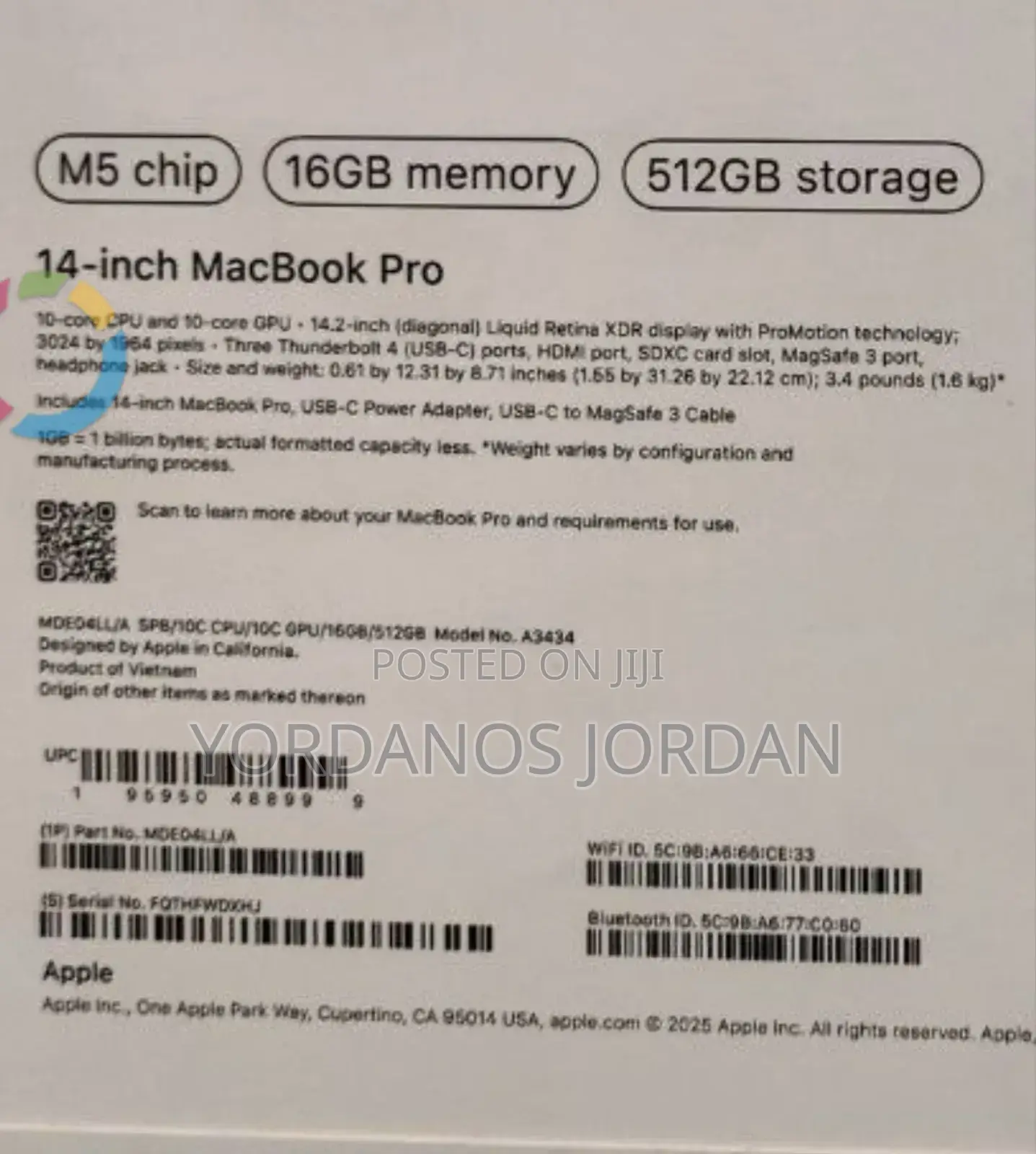 New Laptop Apple Macbook Pro 2025 M5 14-Inch 16GB Apple M5 SSD 512GB