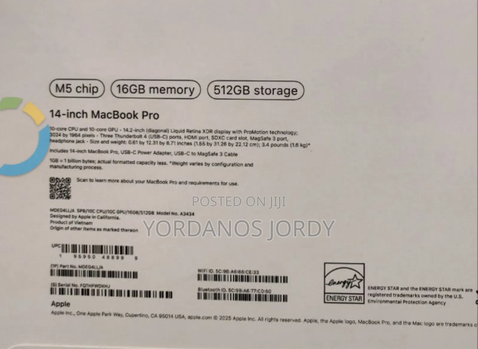 New Laptop Apple Macbook Pro 2025 M5 14-Inch 16GB Apple M5 SSD 512GB