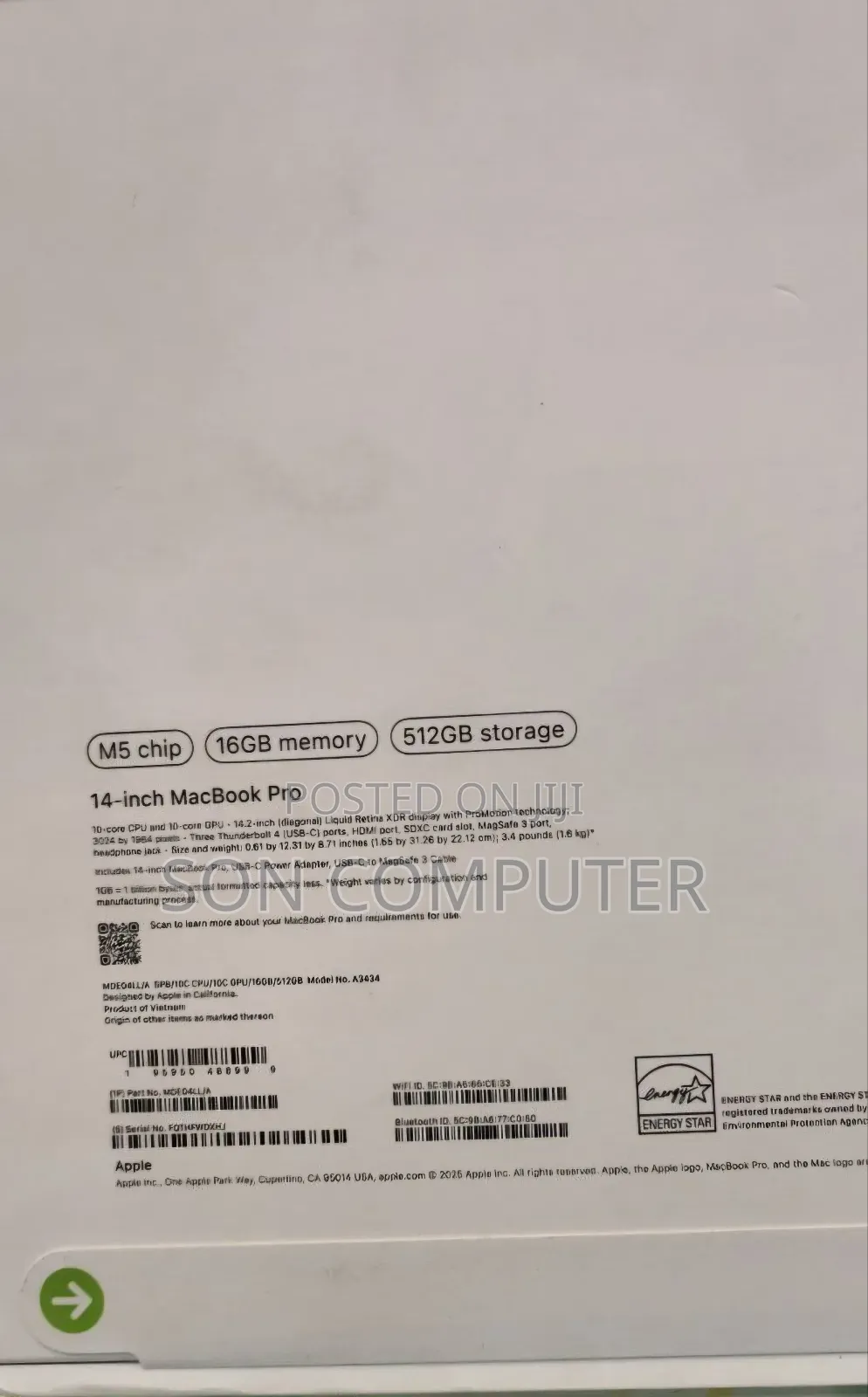 New Laptop Apple Macbook Pro 2025 M5 14-Inch 16GB Apple M5 SSD 512GB