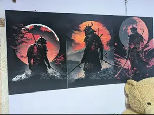 3pcs Samurai Against Red Moon Mountain Wall Art Canvas - Wall Poster