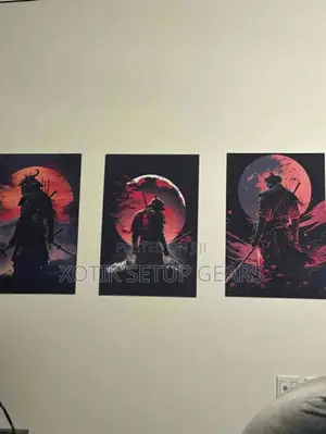 3pcs Samurai Against Red Moon Mountain Wall Art Canvas - Wall Poster