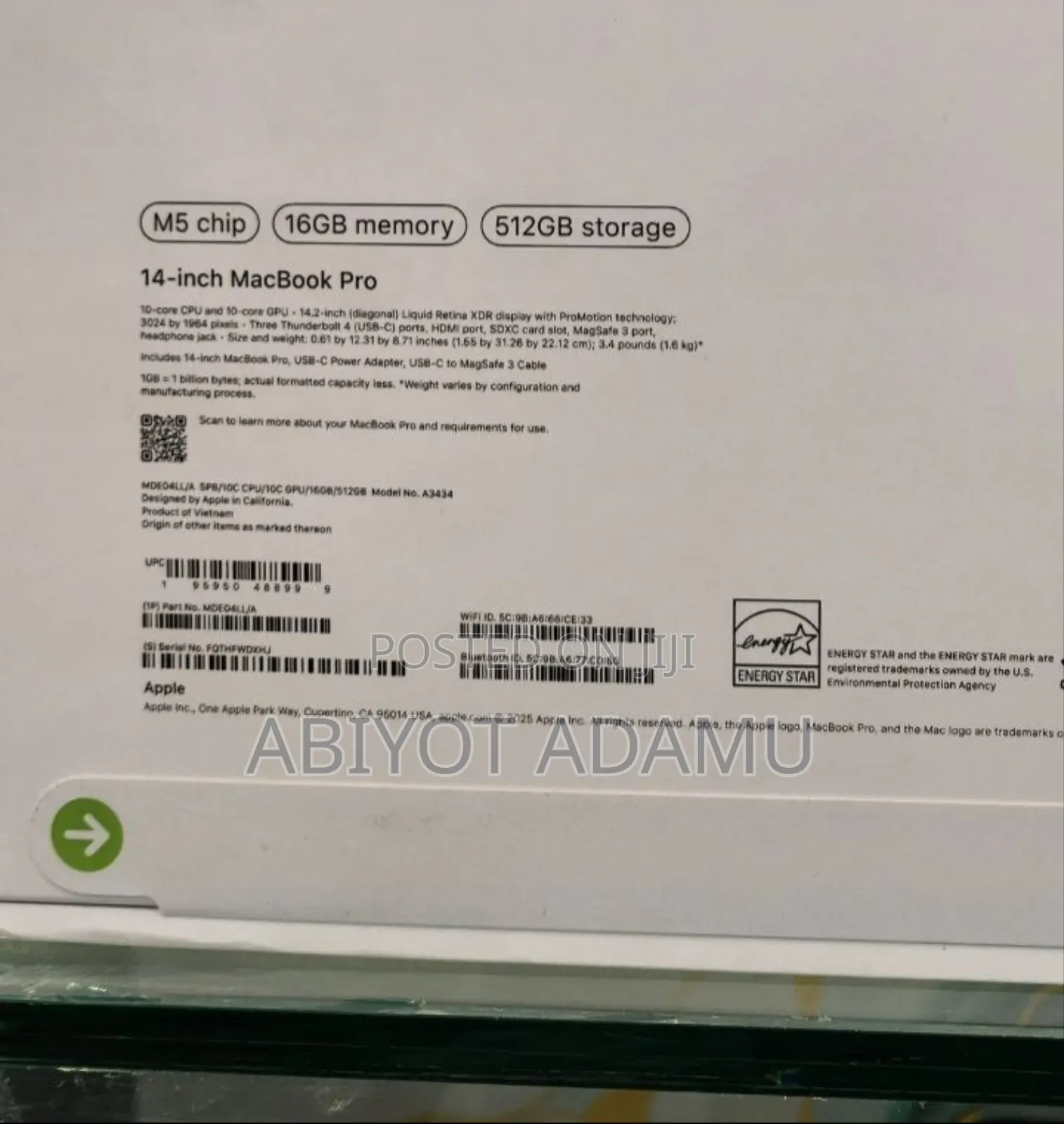 New Laptop Apple Macbook Pro 2025 M5 14-Inch 16GB Apple M5 SSD 512GB