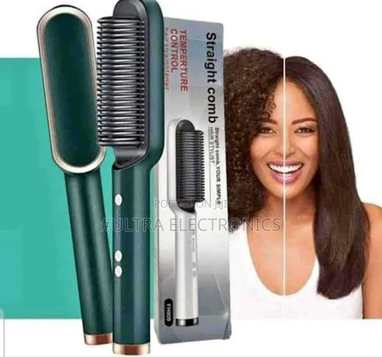 Hair Straightening Brush. It Features Temperature Control