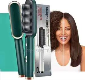 Hair Straightening Brush. It Features Temperature Control