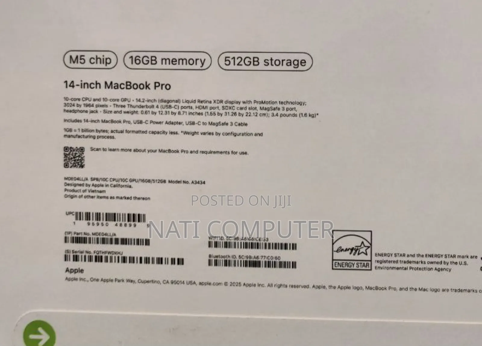 New Laptop Apple Macbook Pro 2025 M5 14-Inch 16GB Apple M5 SSD 512GB