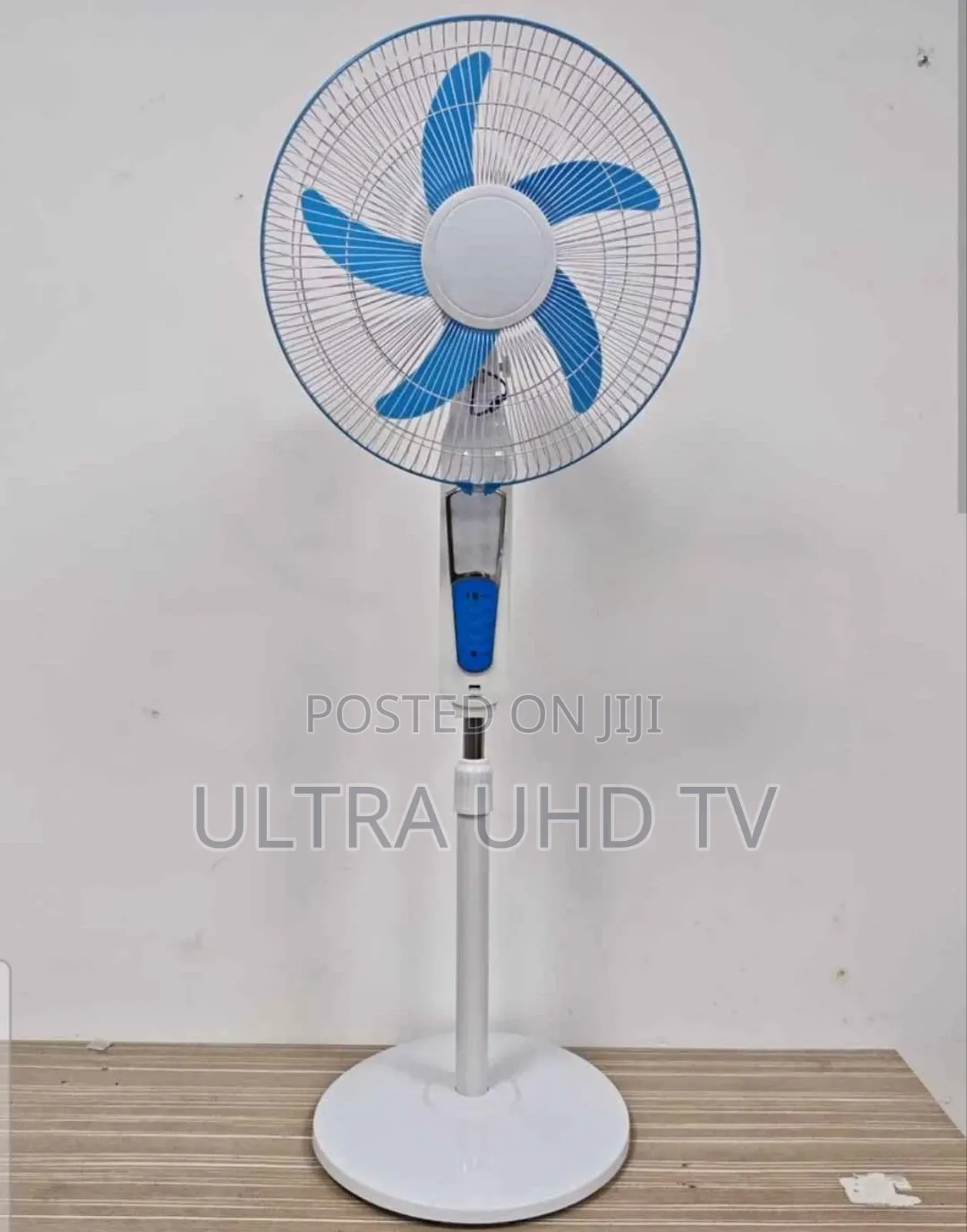 White and Blue 16-Inch Rechargeable Pedestal Stand Fan, Potentially