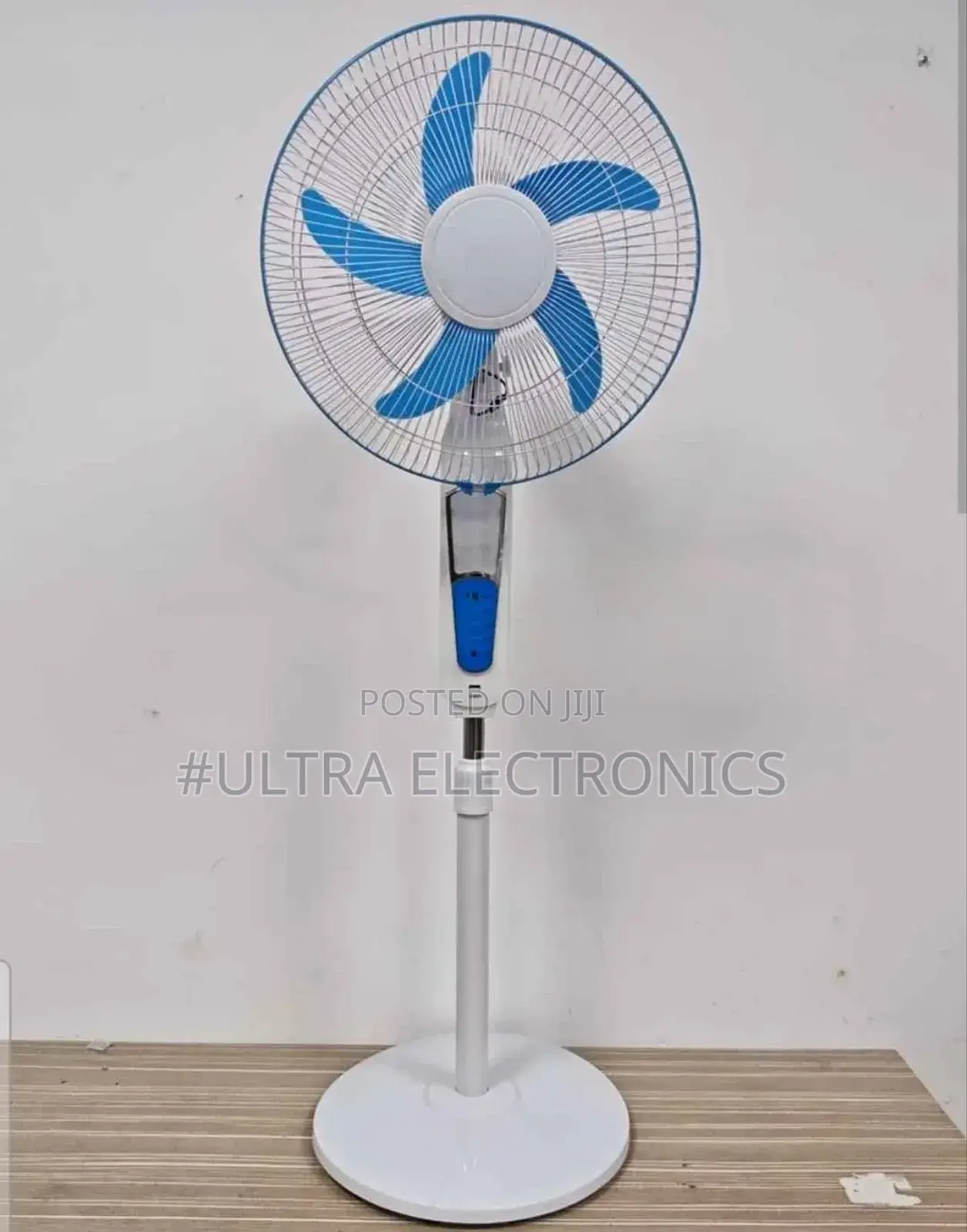 White and Blue 16-Inch Rechargeable Pedestal Stand Fan, Potentially