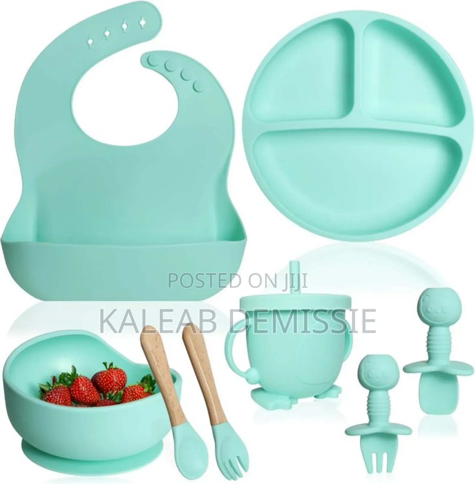 Silicone Baby Feeding Set of 6 መመገቢያ መጠጫ ከነእስትሮ አንገት ላ የሚደረግ ሹካና ማንኪያ