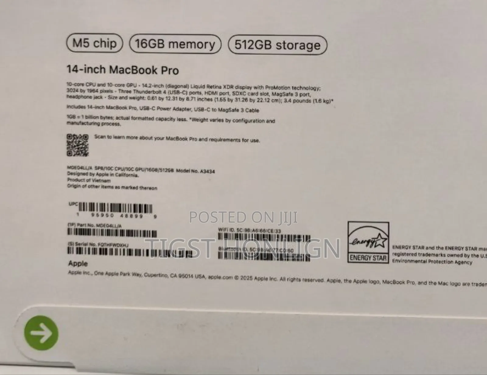 New Laptop Apple MacBook Pro 16GB Apple M5 SSD 1T