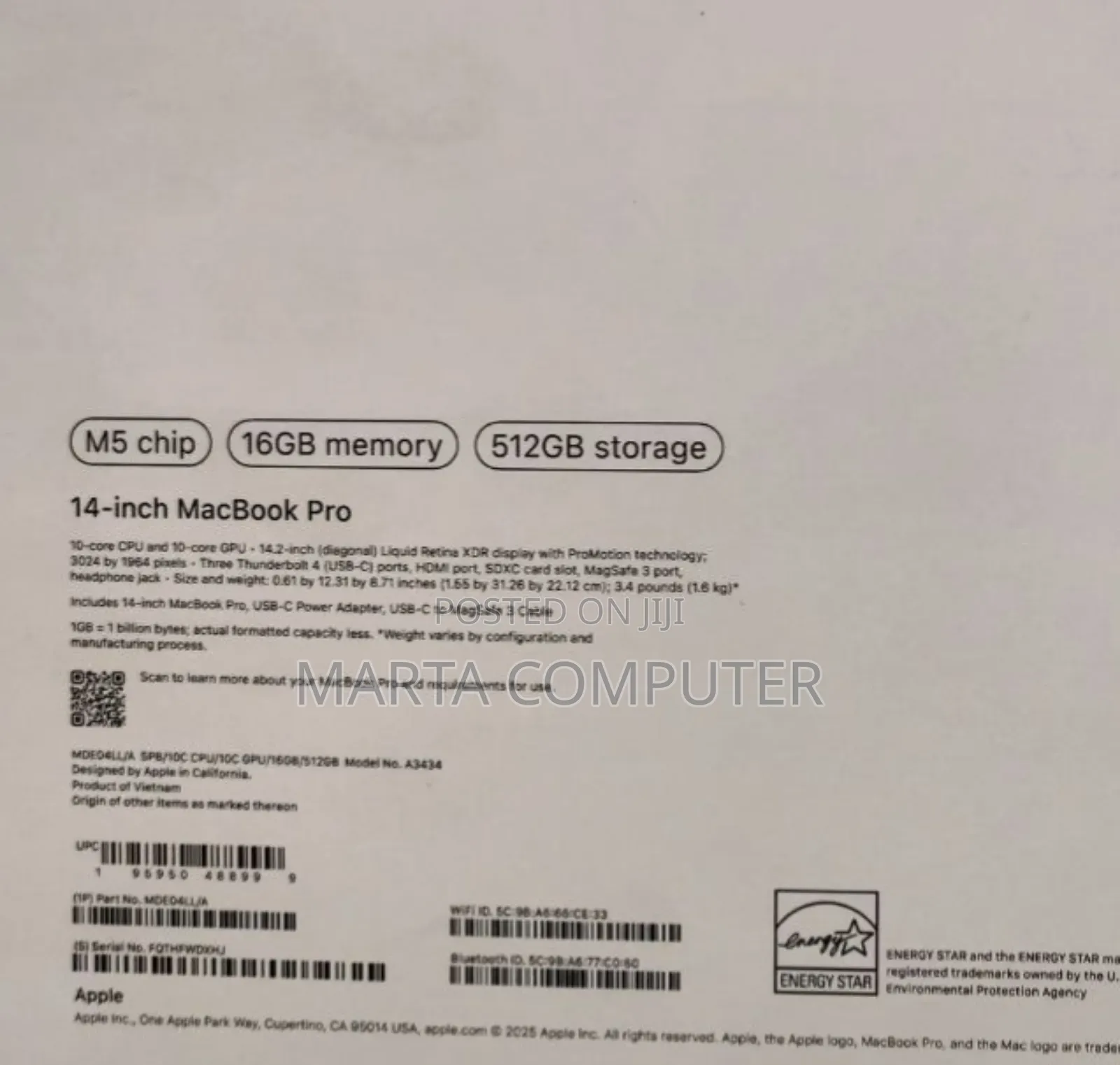 New Laptop Apple Macbook Pro 2025 M5 14-Inch 16GB Apple M5 SSD 1T