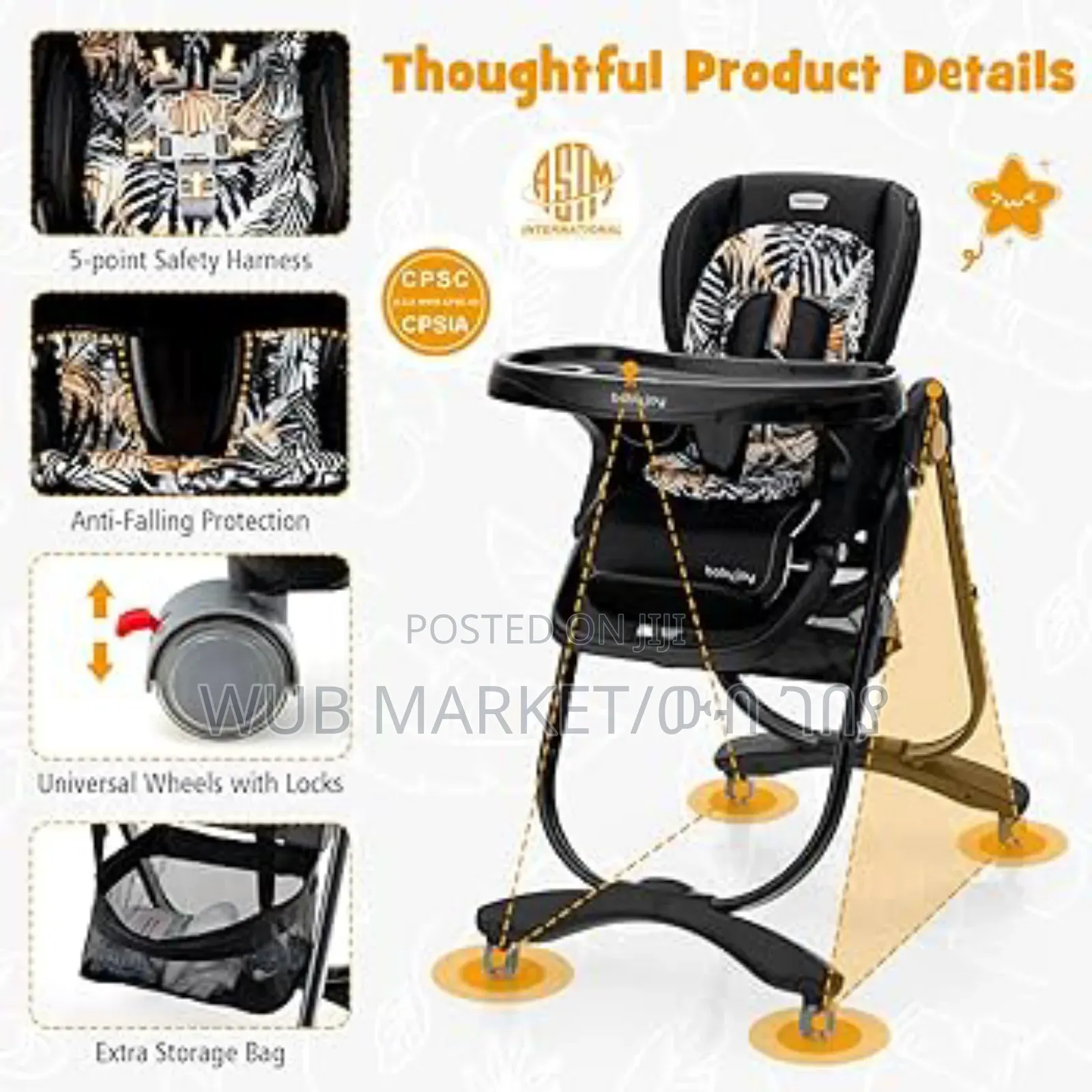 Baby High Chair With Wheels and Safety Harbess