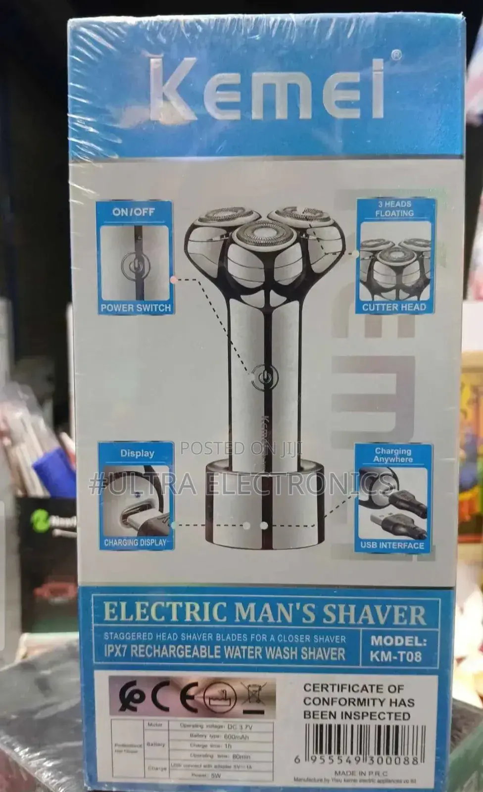 Kemei Km-T08 Electric Man's Shaver. It Features 3 Floating Heads And