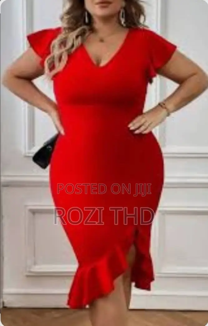 Red Butterfly Sleeve Ruffle Trim Asymmetrical Bodycon Dress