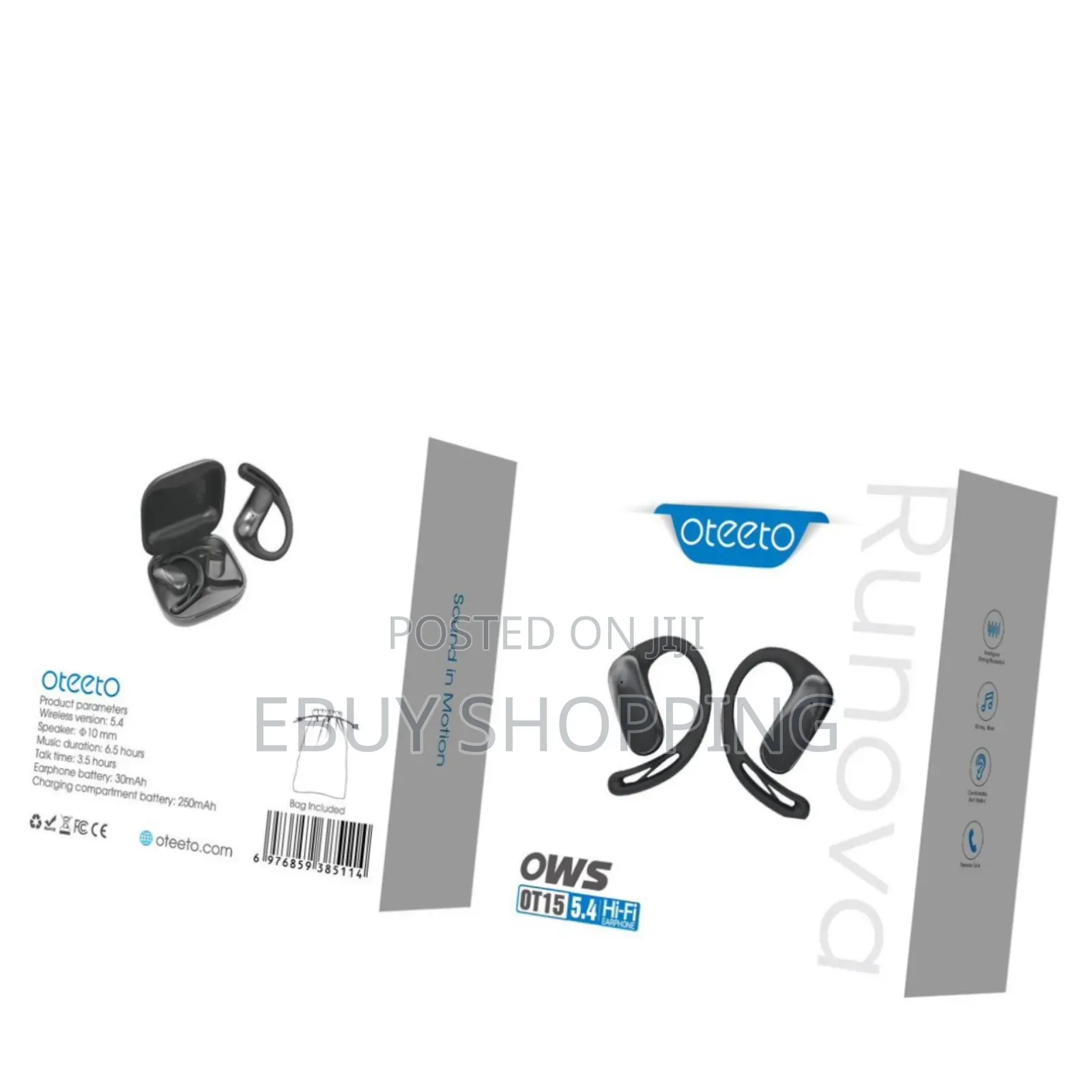 Oteeto Runova Open-Ear Wireless Earbuds – Secure Ear Hook for Running