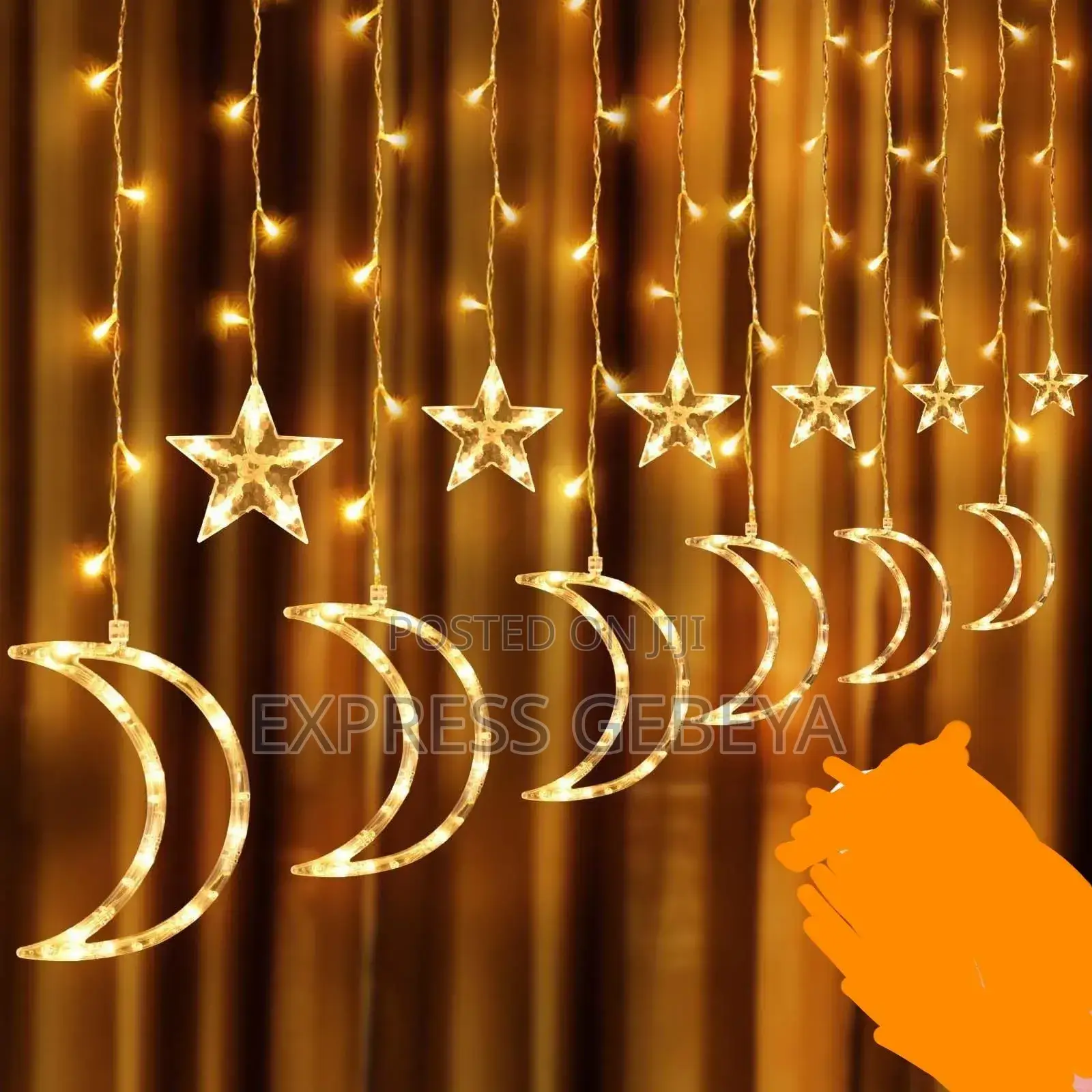 Ramadan Light 6 ትልቅ እና 6አነስተኛ የጨረቃና የኮከብ መብራት ተንጠልጣይ ገመዱን ሳይጨምር 4.5m