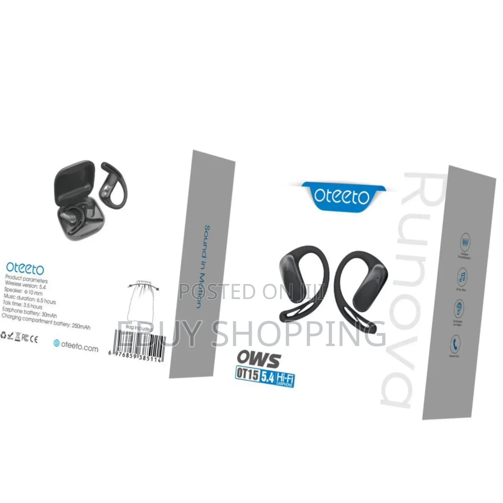 Oteeto Runova Open-Ear Running Headphones – Touch Control, Waterproof,