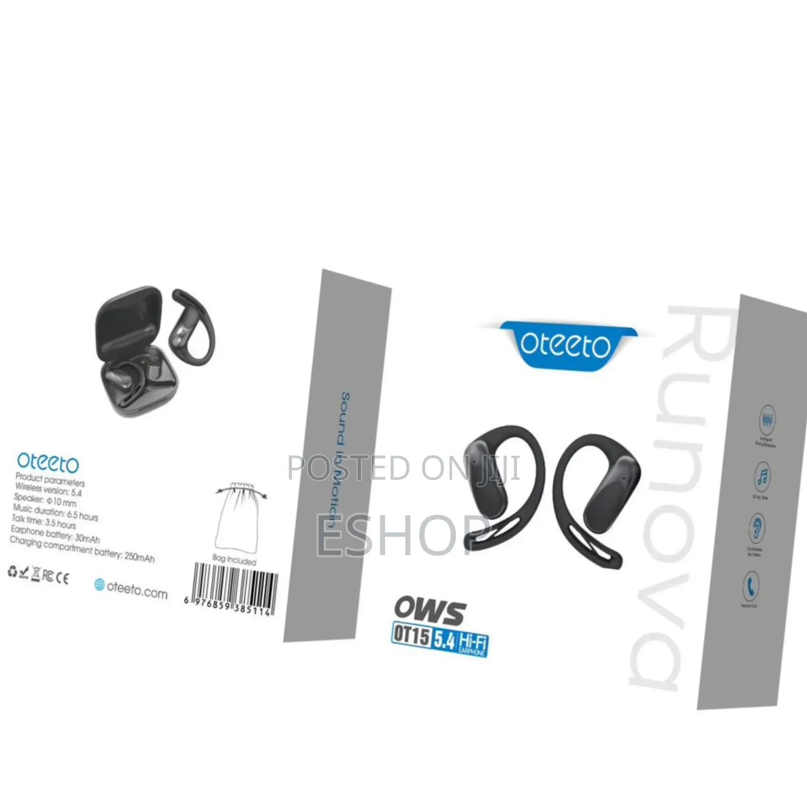 Oteeto Runova Gym Earphones – Open-Ear Hook, Touch Control,