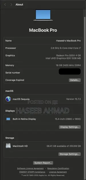 Laptop Apple MacBook Pro 2019 16GB Intel Core I7 SSD 256GB