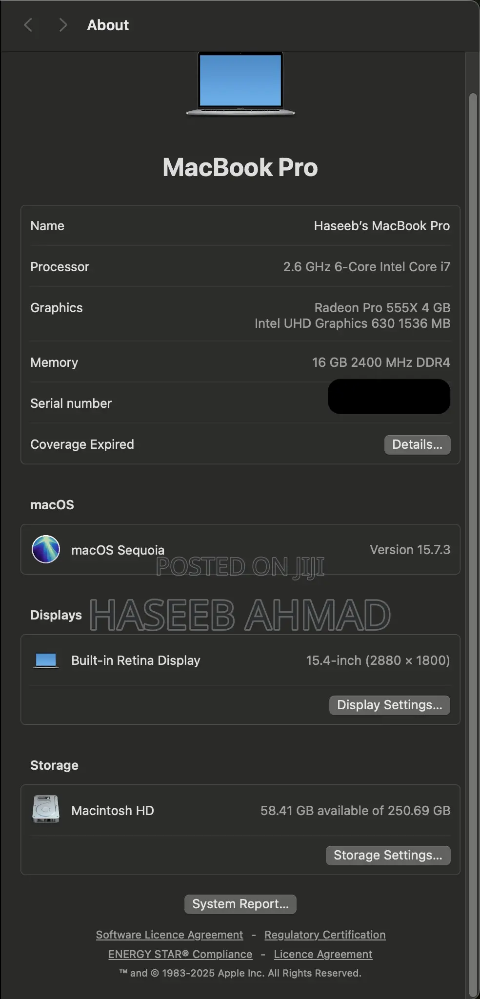 Laptop Apple MacBook Pro 2019 16GB Intel Core I7 SSD 256GB