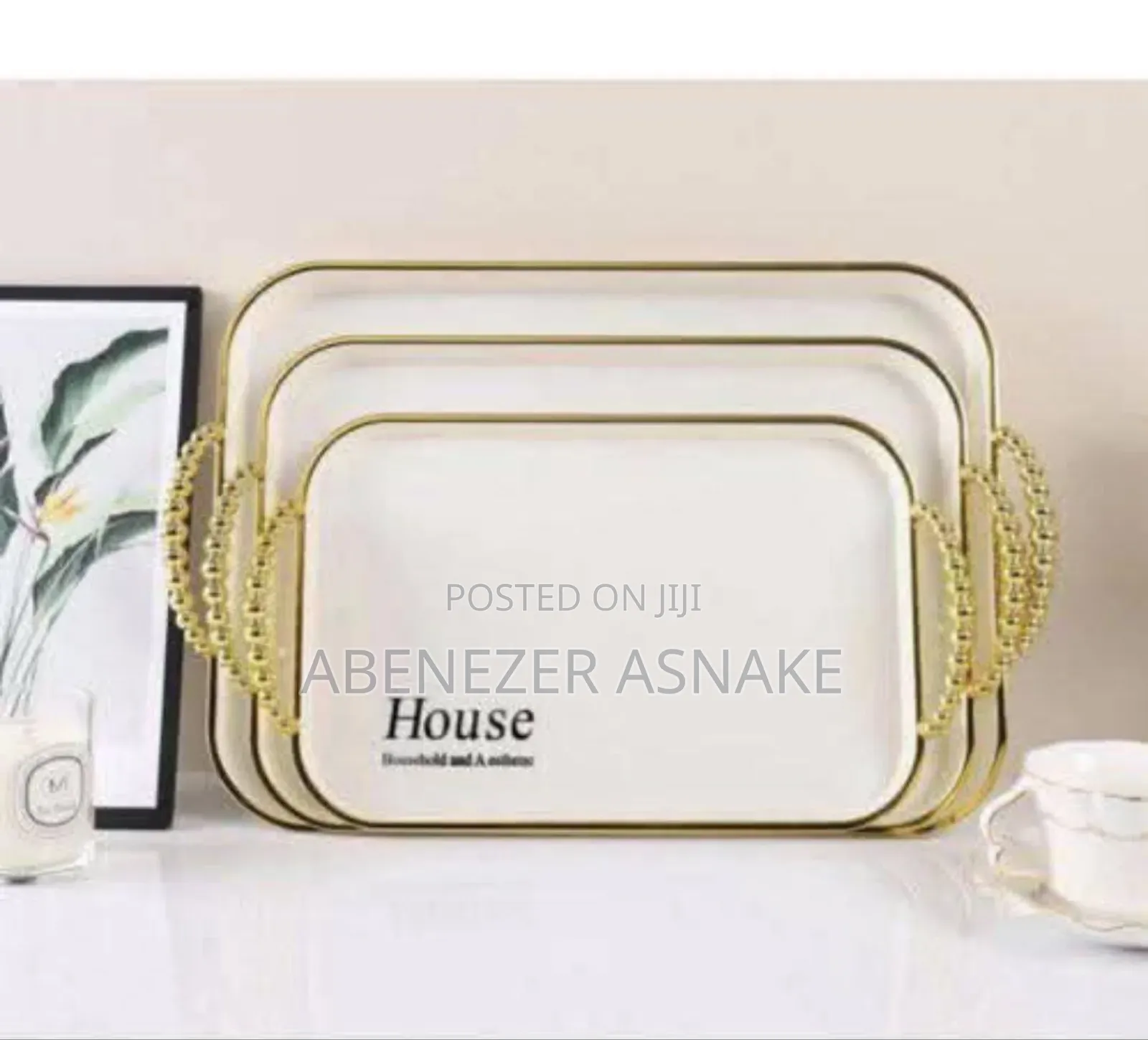 3 Sets Serving Tray With Golden Handle