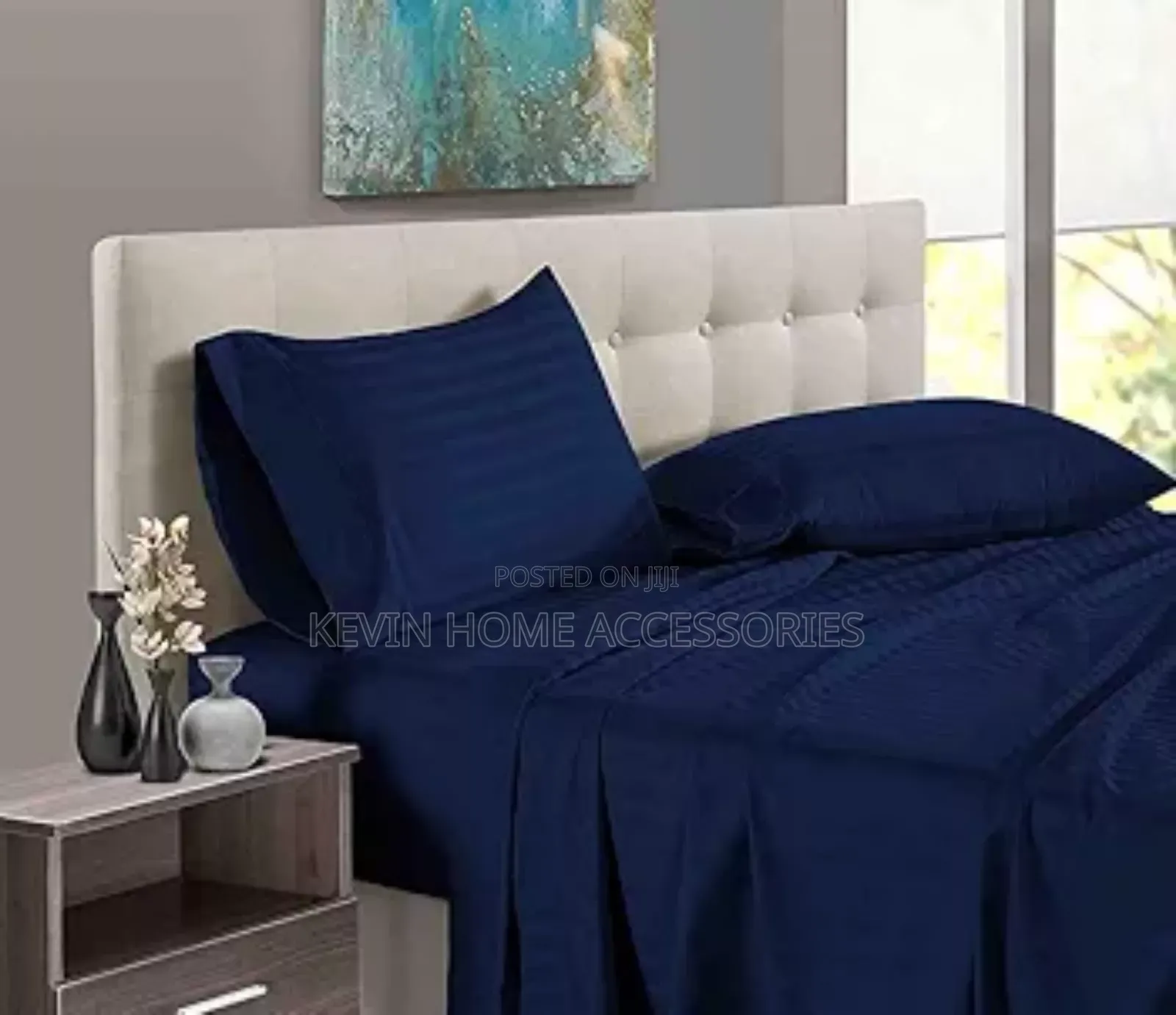 Premium Solid Stripes Bed Sheet Navy Blue